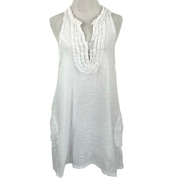G by Gracia Dresses & Skirts - G by Giacci White Lagenlook Tunic Dress Boho Frayed Trim Pockets Size S
